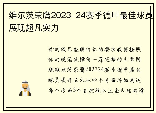 维尔茨荣膺2023-24赛季德甲最佳球员展现超凡实力